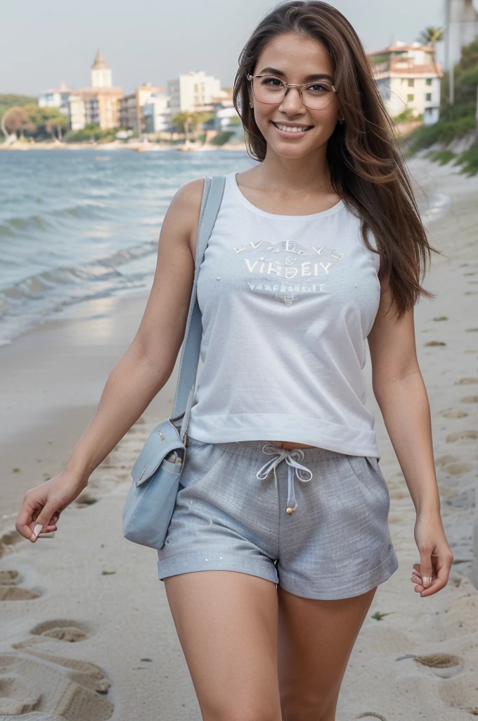high quality, 8K Ultra HD, ((a beautiful Latina woman), (realistic image)), of a 23 year old woman, Kyara, light and smooth brown skin, is 1.67m tall and weighs 50kg, ((full body ), (perfect body)), ((brown hair, long hair)), ((happy face, smiling and sensual eyes of someone who is victorious)), ((she has bright, gray eyes, wears clear-rimmed glasses, perfect , very detailed, open eyes, intricate details)), ((wears a baby look t-shirt, white sleeveless, in light fabric)), ((wears light blue fabric shorts)), ((she wears a bag, made on white fabric, with "CM" logo)), ((she walks along the beach), at sunrise)), daylight, film scene, best quality, ((award-winning photography, masterpiece)) , high resolution, ((best quality at best)), masterpiece, quality, best quality)), (((exquisite facial features), walks looking at the audience, ((facing the camera), there are a sparkle in the eyes, a beautiful smile of victory)))