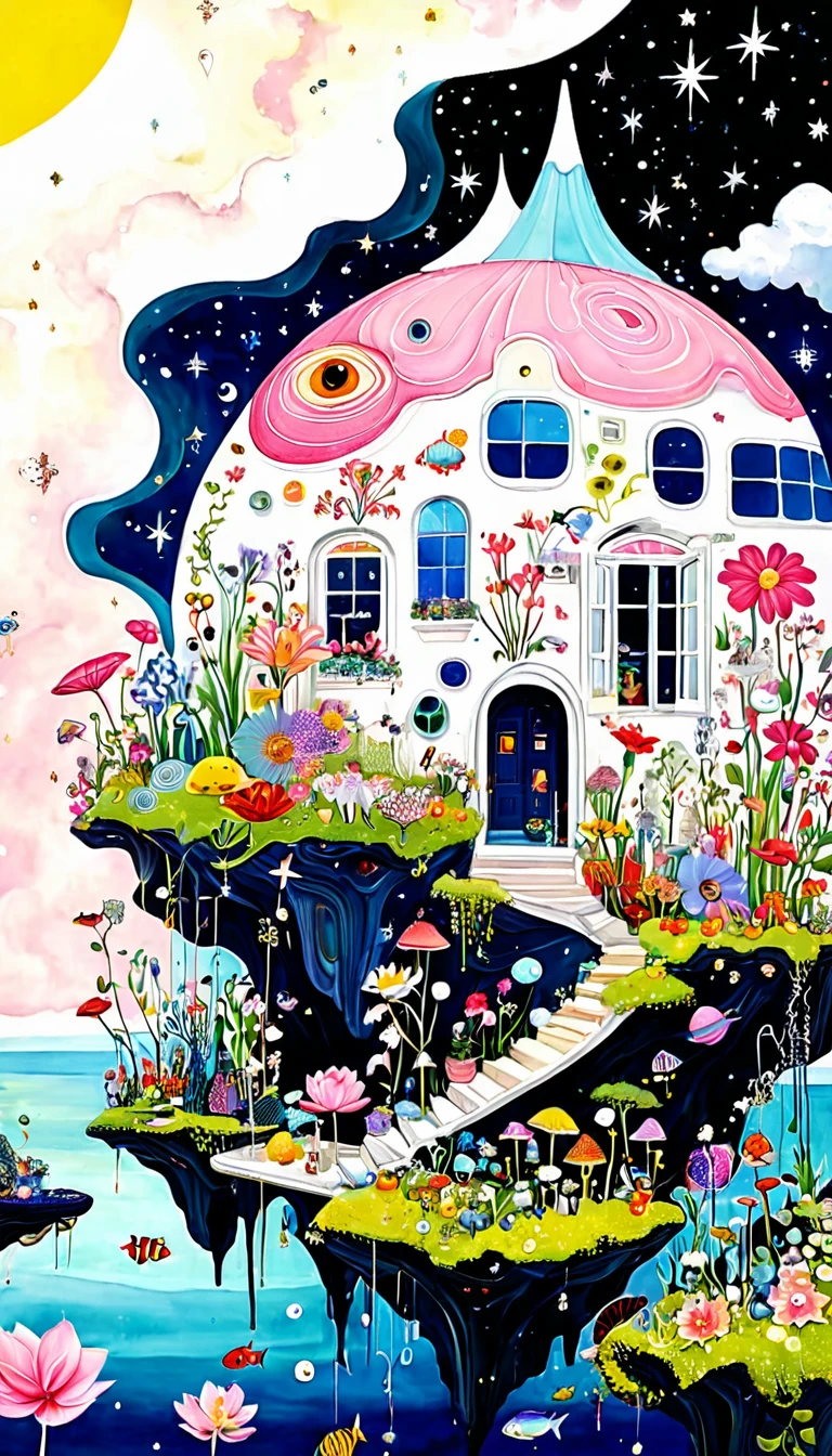 Pink Flower House,microorganism、plant、Marine life、Eye、Starry Sky,Stitching together an abstract painting,Describing the inner world of autistic people,Sense of space,White Space,interesting,Innocence,Psychedelic Art