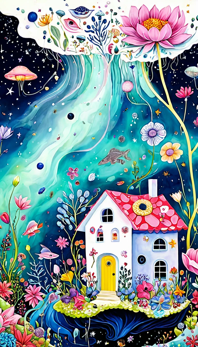 Pink Flower House，microorganism、plant、Marine life、Eye、Starry Sky，Stitching together an abstract painting，Describing the inner world of autistic people，Sense of space，White Space，interesting，Innocence，Psychedelic Art