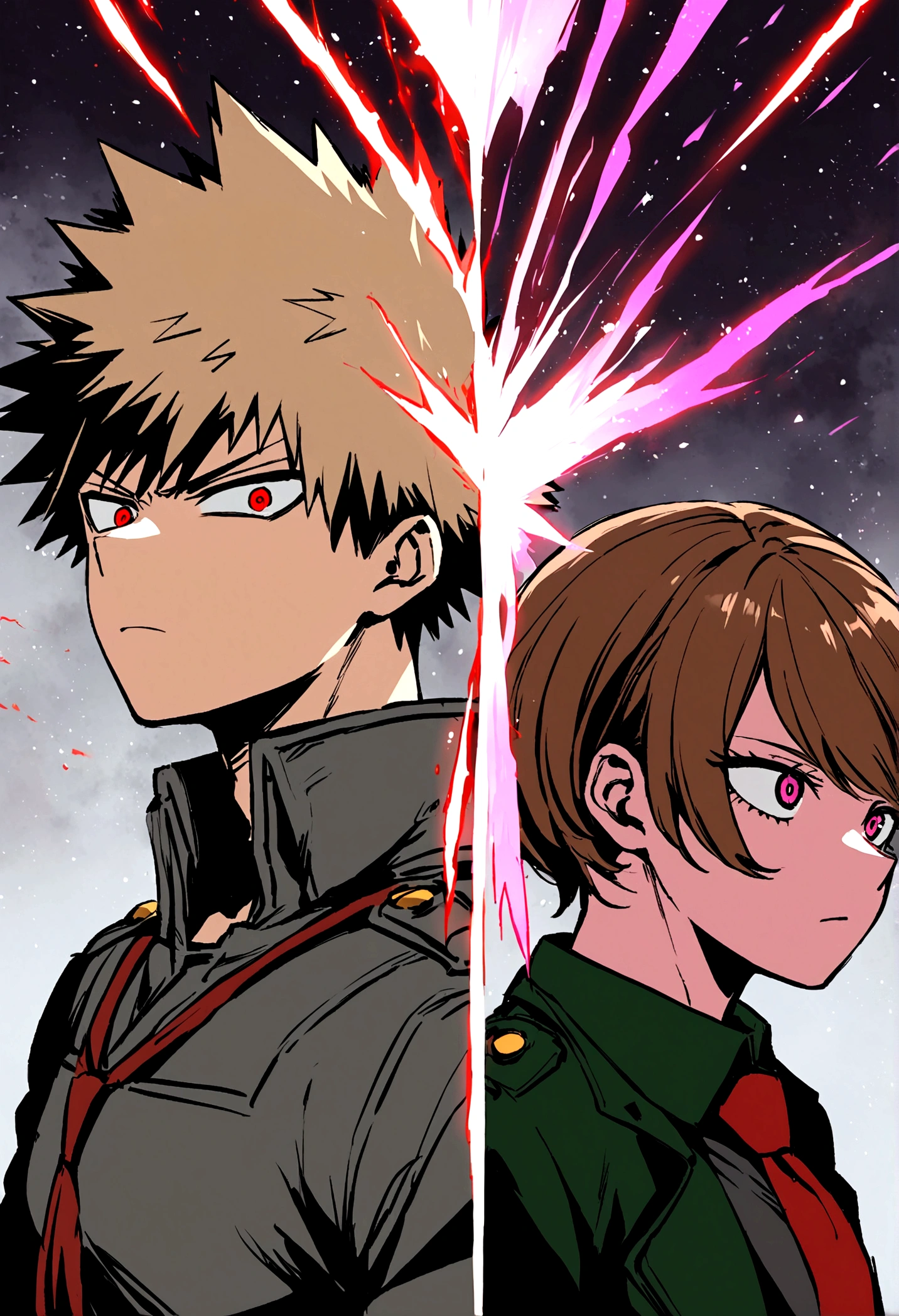 My hero academia style girl with medium long wavy brown hair parted in half with the gray uniform and red tie, medium-large eyes, brown on the left and pink on the right,A point of defeat for Bakugou Katsuki