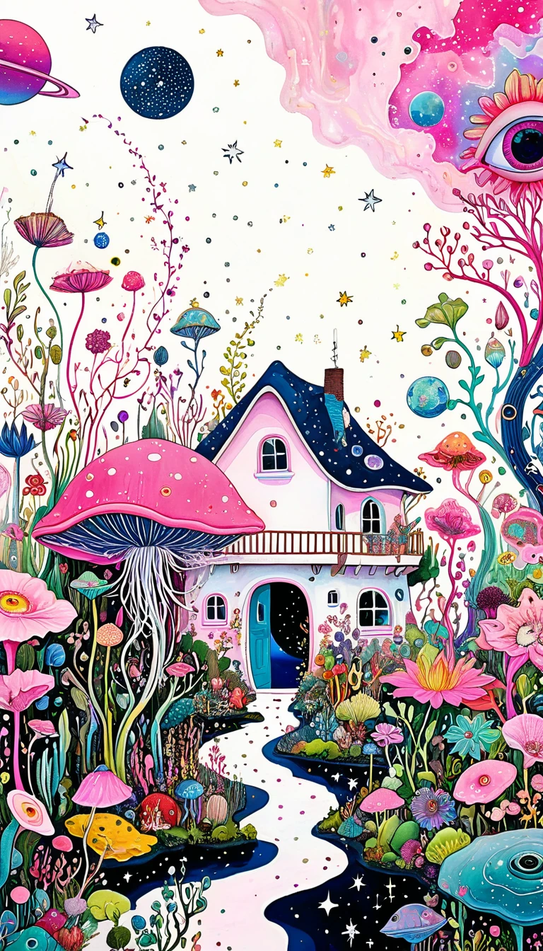 Bud Cottage,microorganism、plant、Marine life、Eye、Starry Sky,Stitching together an abstract painting,Describing the inner world of autistic people,Sense of space,White Space,interesting,Innocence,Psychedelic Art,Pink theme