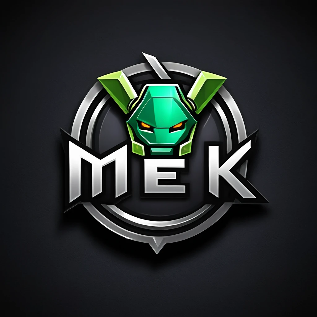 logomkrdsxl,an  edgy logo  3D with robô ,  vector, text "MEK",  best quality, masterpiece, brand, dark background