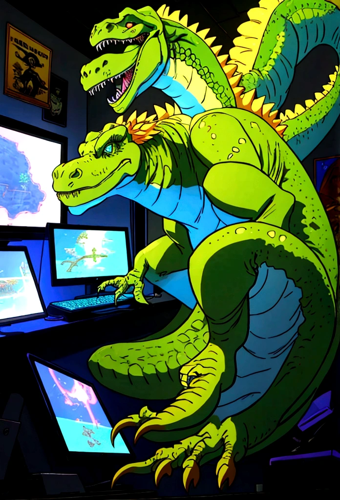 a dinosaur who played at a video game with a pc on a bedroom