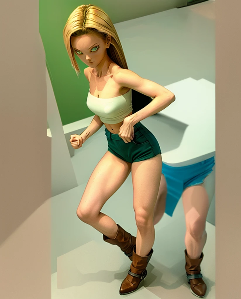 Sexy young girl with a good body, long hair blonde green eyes short white shirt bare shoulders, bright blue short jean shorts, short brown boots with white, standing, spiky hair, bristly hair, standing, fighting pose, on guard, defense pose