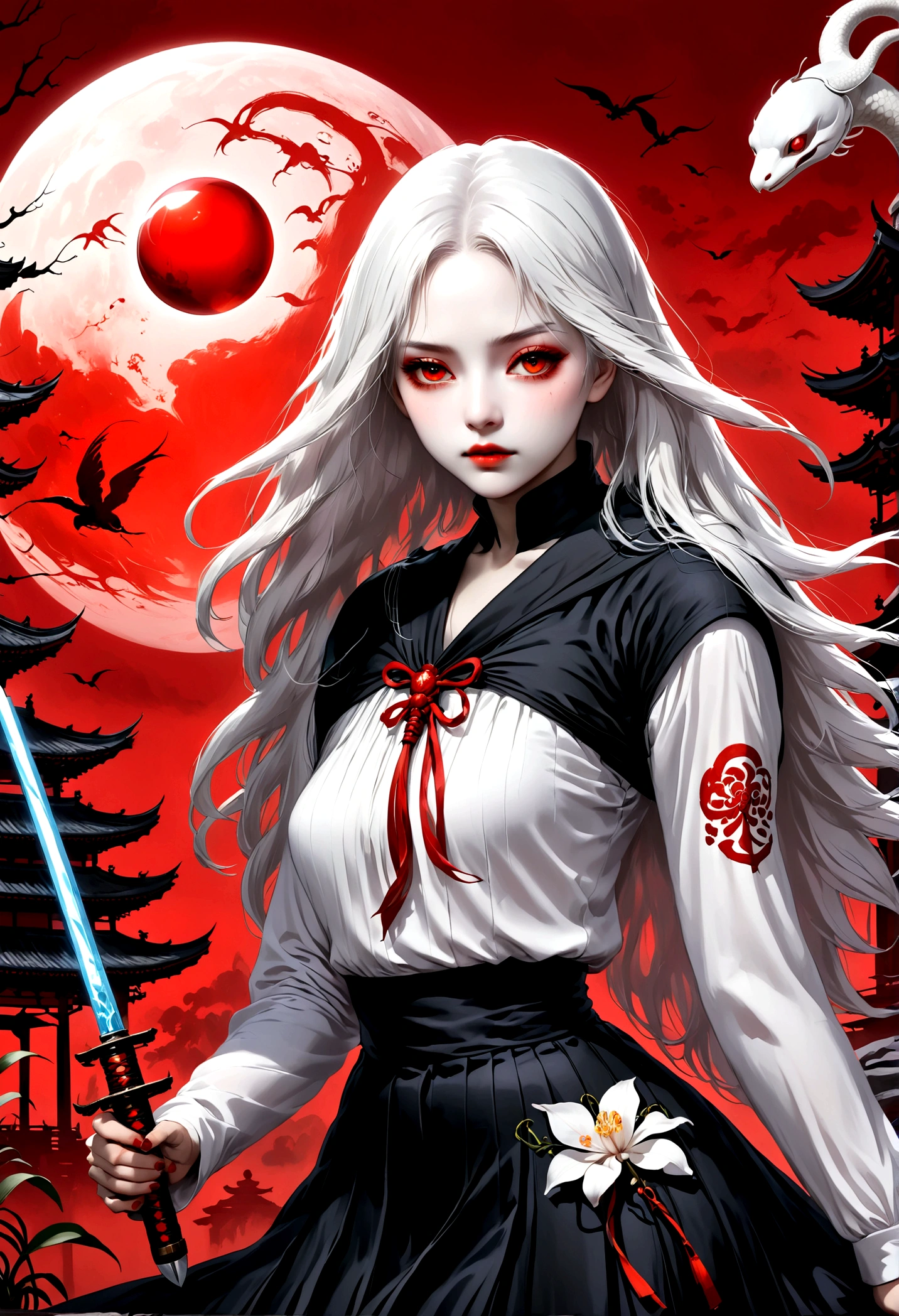 (style of santiago caruso:1.1),1 girl，Black sailor suit pleated skirt，Blurred foreground，orchid，Long white hair fluttering in the wind，Background blur，Red sphere background，permanent，Japanese sword，握着Japanese sword，（眼睛被orchid盖住），A transparent bioluminescent bone snake wrapped around the body