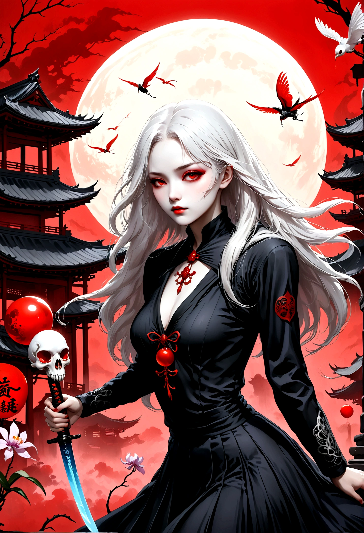 (style of santiago caruso:1.1),1 girl，Black sailor suit pleated skirt，Blurred foreground，orchid，Long white hair fluttering in the wind，Background blur，Red sphere background，permanent，Japanese sword，握着Japanese sword，（眼睛被orchid盖住），A transparent bioluminescent bone snake wrapped around the body