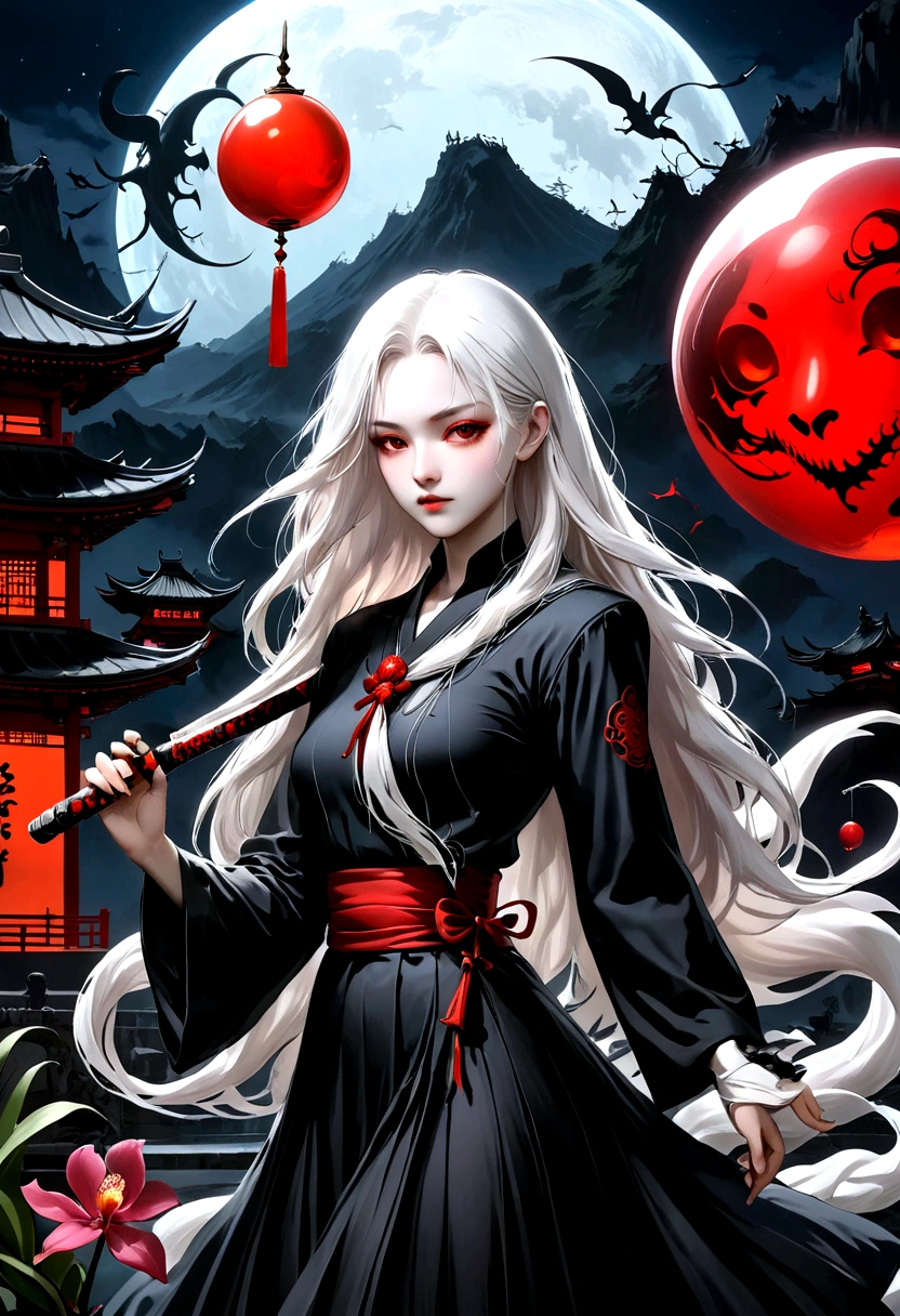 (style of santiago caruso:1.1),1 girl，Black sailor suit pleated skirt，Blurred foreground，orchid，Long white hair fluttering in the wind，Background blur，Red sphere background，permanent，Japanese sword，握着Japanese sword，（眼睛被orchid盖住），A transparent bioluminescent bone snake wrapped around the body