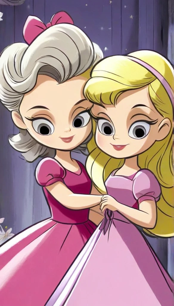 A touching cartoon image of two girls, Koral and Quin, hugging a large heart-shaped object their size. Koral, , has long brown hair, wears a beautiful purple and pink dress with a bow on her head. Quin, a three-yea baby, shor hair and wears a charming pink and yellow dress with a matching bow. The high-quality, high-resolution image is rendered in 8k cartoon style, with vibrant colors and charming details, capturing the essence of childhood innocence and friendship.