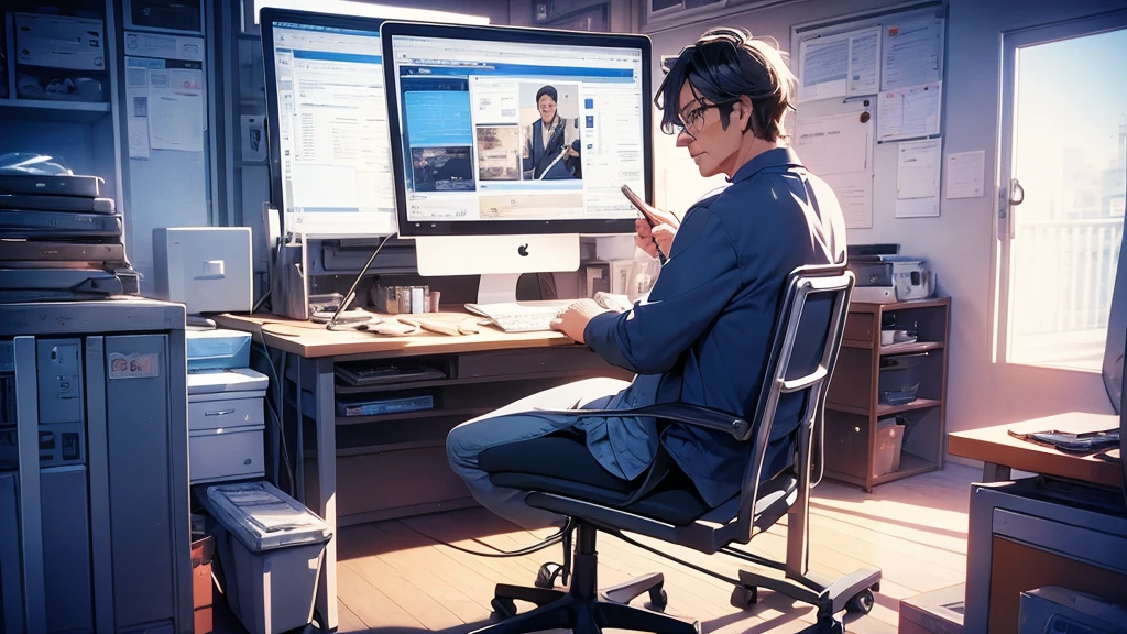 Mac computer graphic design 27 inch monitor graphic designer mouse Stylish Computer work, man in his 50s Don't show your face only the back
