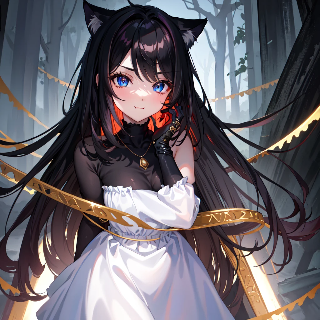 1boy, ((male)), 8k, best quality, good quality, masterpiece, (stunning black long hair:1.2), heterochromia, (dark blue right eye:1.3), (red left eye: 1.3), (dark theme:1.3), (dark atmosphere:1.3), wild hair, glowing eyes, cat ears, energy wolf in background, high resolution, Anime ((boy)) with black hair and dark blue eyes stares at camera, Glowing dark blue eyes, slim, dressed in a sexy black outfit, Shadow Body, monochromes, hair messy, Aggressive smile, transparent pantyhose, round butt, pout, pouting, puffy cheeks,
BREAK dress, jewelry, necklace, white dress, bare shoulders, collarbone,
BREAK outdoors, forest, nature, night, night sky, starry sky, moon,
BREAK looking at viewer, (cowboy shot:1.5),
BREAK (masterpiece:1.2), best quality, high resolution, unity 8k wallpaper, (illustration:0.8), (beautiful detailed eyes:1.6), extremely detailed face, perfect lighting, extremely detailed CG, (perfect hands, perfect anatomy)