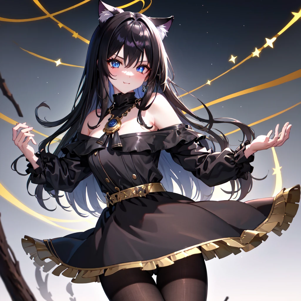 1boy, ((male)), 8k, best quality, good quality, masterpiece, (stunning black long hair:1.2), heterochromia, (dark blue right eye:1.3), (red left eye: 1.3), (dark theme:1.3), (dark atmosphere:1.3), wild hair, glowing eyes, cat ears, energy wolf in background, high resolution, Anime ((boy)) with black hair and dark blue eyes stares at camera, Glowing dark blue eyes, slim, dressed in a sexy black outfit, Shadow Body, monochromes, hair messy, Aggressive smile, transparent pantyhose, round butt, pout, pouting, puffy cheeks,
BREAK dress, jewelry, necklace, white dress, bare shoulders, collarbone,
BREAK outdoors, forest, nature, night, night sky, starry sky, moon,
BREAK looking at viewer, (cowboy shot:1.5),
BREAK (masterpiece:1.2), best quality, high resolution, unity 8k wallpaper, (illustration:0.8), (beautiful detailed eyes:1.6), extremely detailed face, perfect lighting, extremely detailed CG, (perfect hands, perfect anatomy)