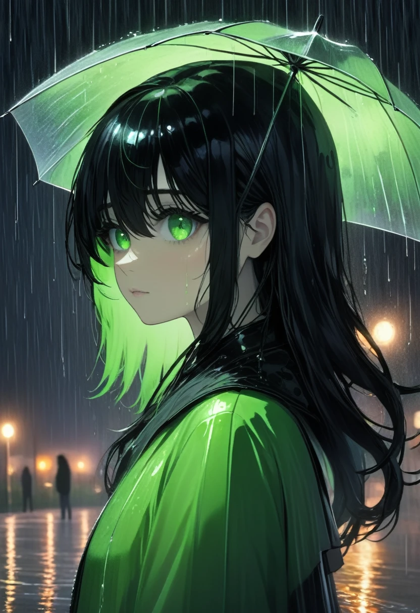 Girl with black hair and green eyes.Under the rain at night.High quality