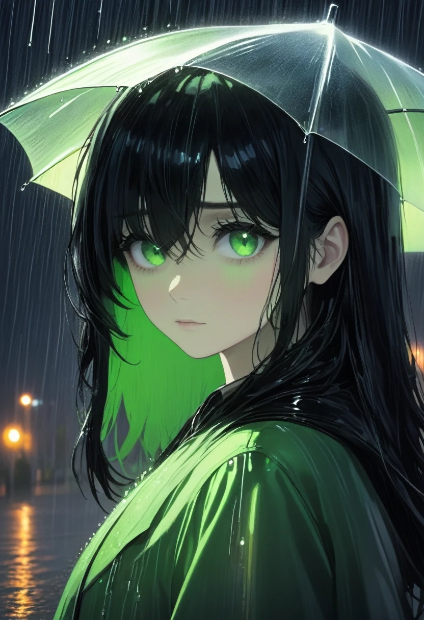 Girl with black hair and green eyes.Under the rain at night.High quality