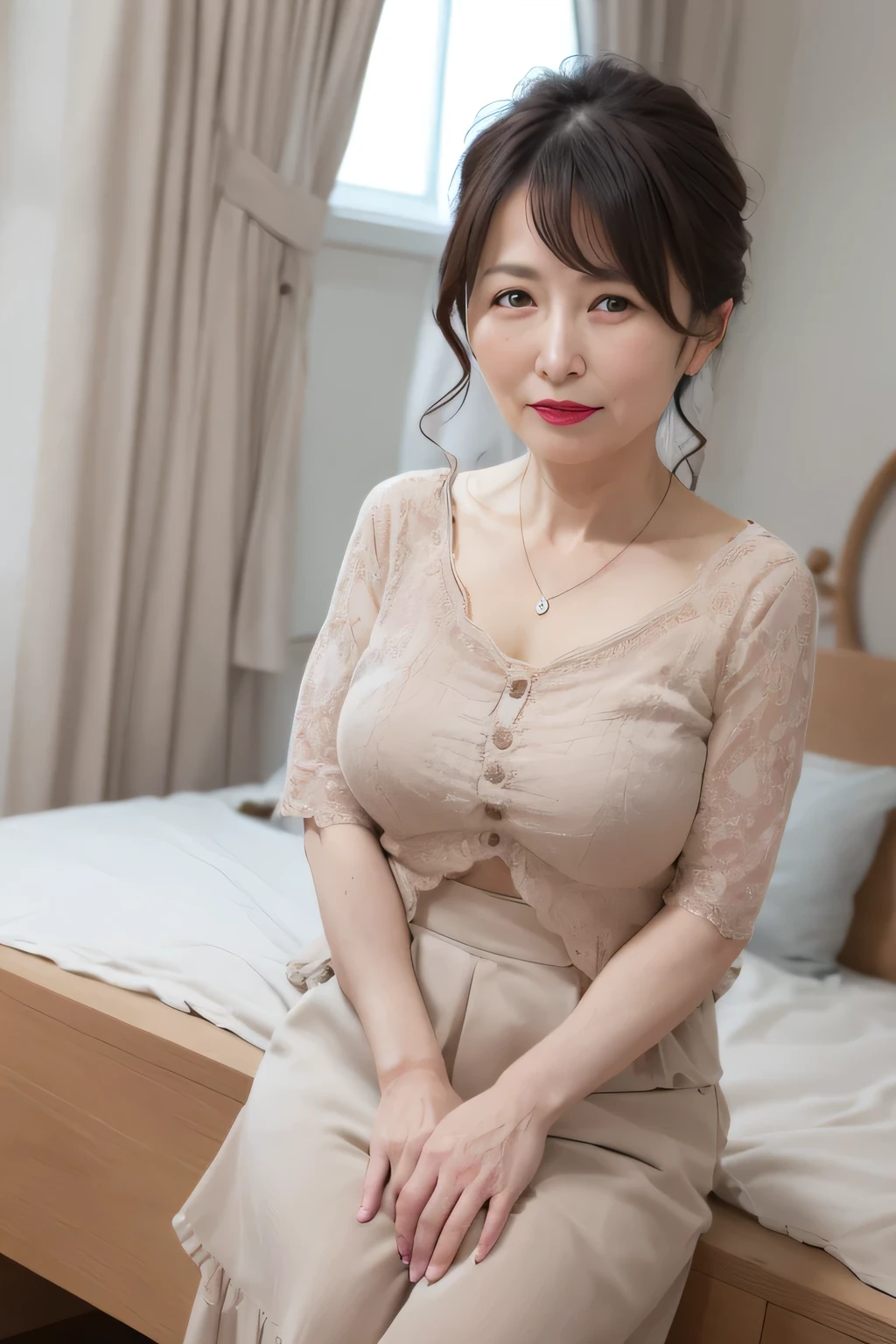 Beautiful mature Japanese woman aged 55, Married women, Thin frame, Long eyelashes, Sparkling eyes, Low Ponytail, Red lipstick, elegant, Amazing body, ruffle trim top, skirt, lifting skirt, Beige panties are visible, Pearl Necklace, photograph, Sensual pose, Viewer discretion advised