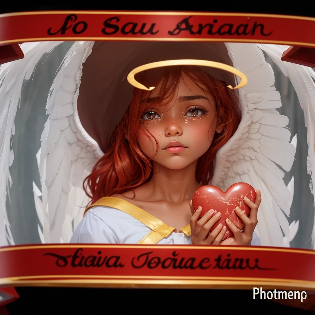 Turn this version into a real person keeping everything just the same brown skin female angel and crying with tears in both eyes running down both cheeks and with both hands holding a heart a broken heart repairing it the same exact image just making it real or realistic and keep all words in English