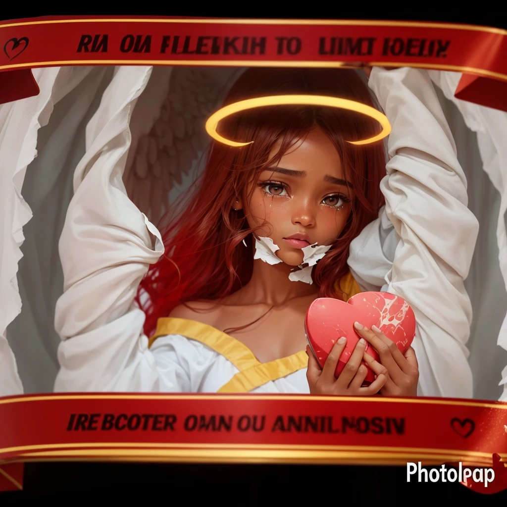 Turn this version into a real person keeping everything just the same brown skin female angel and crying with tears in both eyes running down both cheeks and with both hands holding a heart a broken heart repairing it the same exact image just making it real or realistic and keep all words in English