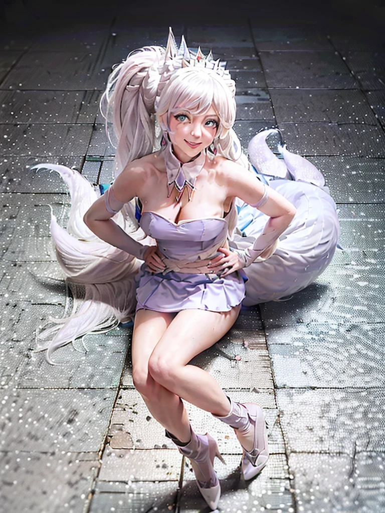 great quality ++ Extremely detailed high resolutionolution, very aesthetic, expressive eyes, (((Perfect face))), (((face symmetrical))), ((good anatomy)), (((perfect hands))), (((8k))), UHD, hd wallpaper, (((detailed high cal, (((((1girl)))))), only, Masterpiece, The best quality, high resolution, Highly detailed, (illustration), Beautiful detailed eyes, ((((full body))), (((solo))), (((((Koyanskaya))))), (((cosplay of Weiss Schnee))), (((smiling))), (((fusion))), (((agglutination))), (((Combination))), (((((White hair))))), (((blue eyes))), (((ponytail))), (((white dress))), (((jewelry))), (((necklace))), (((earrings))), only, jaeces, earrings, long hair, parody, (((scar))), (((scar ocular))), (((hair ornament))), (((office background))), (((hand on hip))), (((wiggling the butt))), (((strolling))), Side ponytail, scar en la cara, Upper part of the body, (((fox tail))), (((fox ears))), (((tiara))), (((jewelry))), (((earrings))), (((neckline trimming))),