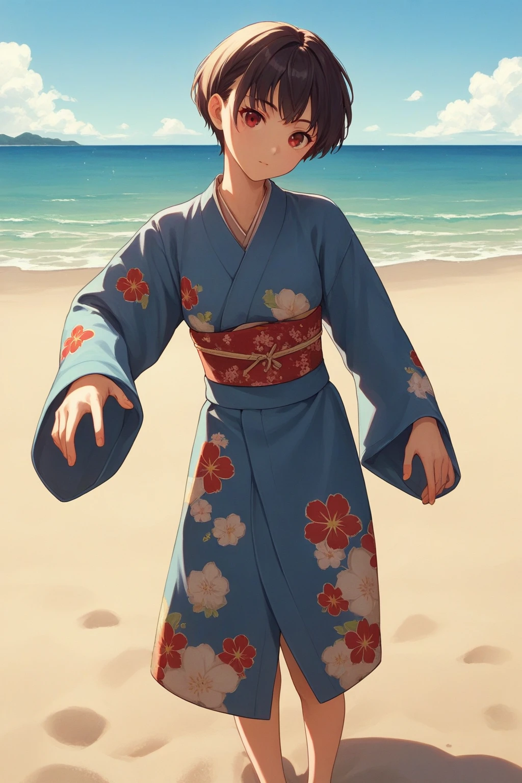 score_9, score_8_up, score_7_up, score_6_up, score_5_up, score_4_up, BREAK source_anime, 1girl, looking at viewer, short hair, red eyes, blue kimono, floral print, long sleeves, outside, sand, water, sky