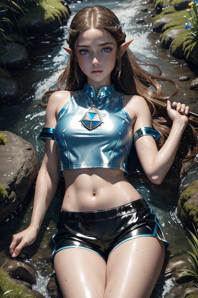 masterpiece. 4k. highly detailed epic fantasy oil painting of beautiful Princess Zelda. sparkly blue eyes, freckles. detailed stylish suit,
shiny reflective leather shorts for the summer. crop top shirt. athletic. Hyrule motif. lying on creek. sweating. rain. river. wet.
from above, eagle eye shot, far shot. wildflowers.
