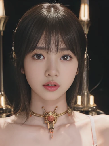 (1. Mechanical Girl)、Highest quality、masterpiece、Ultra-high resolution、(Photorealistic:1.4)、RAW Photos、1 girl、Blonde、Glowing Skin、(((1. Mechanical Girl)))、（LED Lamp Mechanical Helmet）、(Small LED Lamp)、((Ultra-Realistic Details))、Portrait、Global Illumination、Shadow、Octane Rendering、8K、Super sharp、huge 、Bare skin exposed in the cleavage、Metal、Intricate decorative detailore about Japan、Very intricate details、Realistic Light、CGSoation Trend、Red eyes、Shining Eyes、 the camera、Neon detailed mechanical li(Mechanical vertebrae attached to the back of the blood vessels connected to the tubes、Attaching a mechanical cervical vertebra to the neck、Sit on、(Wires and cables connected to the head)、Gundam、Small LED Lamp、