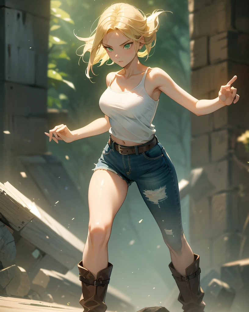 Sexy young girl with a good body, long hair blonde green eyes short white shirt bare shoulders, bright blue short jean shorts, short brown boots with white, standing, spiky hair, bristly hair, standing, fighting pose, on guard, defense pose