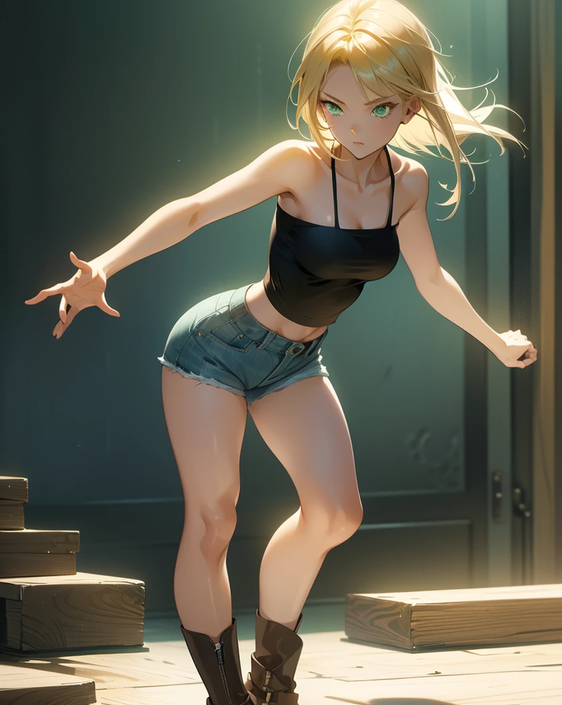 Sexy young girl with a good body, long hair blonde green eyes short white shirt bare shoulders, bright blue short jean shorts, short brown boots with white, standing, spiky hair, bristly hair, standing, fighting pose, on guard, defense pose