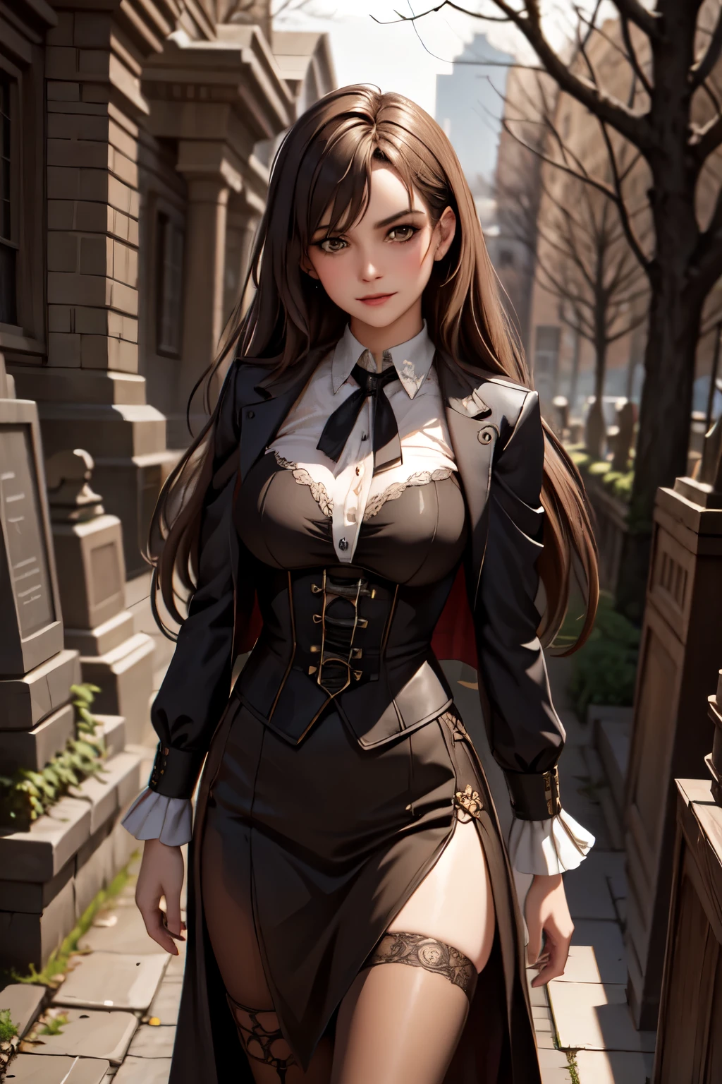 Cinematic, Vampire slayers, walks in an Gothic cemetery at night wearing a gothic steampunk fashion dress, fog and rainy condition, ghostly atmosphere, 1800s, (high skin detail: 1.2), ultra-detailed, photo-realistic, depth of field, cinematic lighting, IMAX camera, HDR, DTM, Full HD, 8k , captured in ultra high resolution with photorealistic and beautiful lighting. This masterpiece is of the best quality and is set against a zentangle abstract background (weighted at 1.4).
