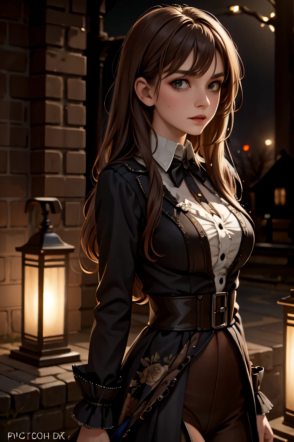 Cinematic, Vampire slayers, walks in an Gothic cemetery at night wearing a gothic steampunk fashion dress, fog and rainy condition, ghostly atmosphere, 1800s, (high skin detail: 1.2), ultra-detailed, photo-realistic, depth of field, cinematic lighting, IMAX camera, HDR, DTM, Full HD, 8k , captured in ultra high resolution with photorealistic and beautiful lighting. This masterpiece is of the best quality and is set against a zentangle abstract background (weighted at 1.4).