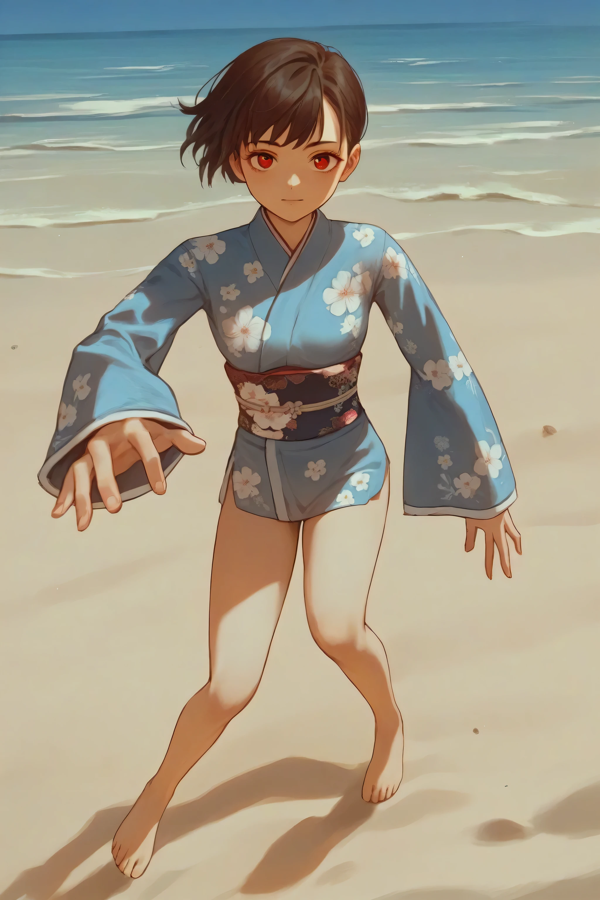 score_9, score_8_up, score_7_up, score_6_up, score_5_up, score_4_up, BREAK source_anime, 1girl, looking at viewer, short hair, red eyes, blue kimono, floral print, long sleeves, outside, sand, sea, sky