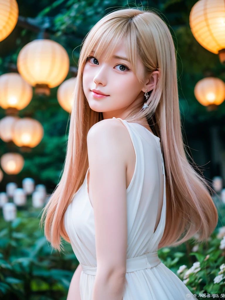 In manhwa art style, a young Korean woman 28s. Her hair is short at shoulder in a blonde pink colors. Her face is slightly shorter than it is long, which carry a warm , expressive face. Her skin is radiant and clear, and her curved lips. Large blue eyes are expressive and captivating. Her natural body and defined made up of proportional curves. She is wearing a white dress while the light of the lanterns in the botan garden at night illuminates the flowers
