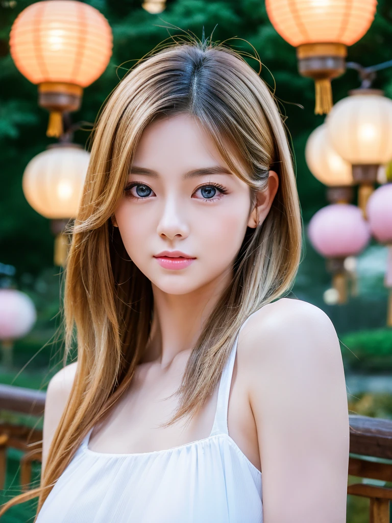 In manhwa art style, a young Korean woman 28s. Her hair is short at shoulder in a blonde pink colors. Her face is slightly shorter than it is long, which carry a warm , expressive face. Her skin is radiant and clear, and her curved lips. Large blue eyes are expressive and captivating. Her natural body and defined made up of proportional curves. She is wearing a white dress while the light of the lanterns in the botan garden at night illuminates the flowers