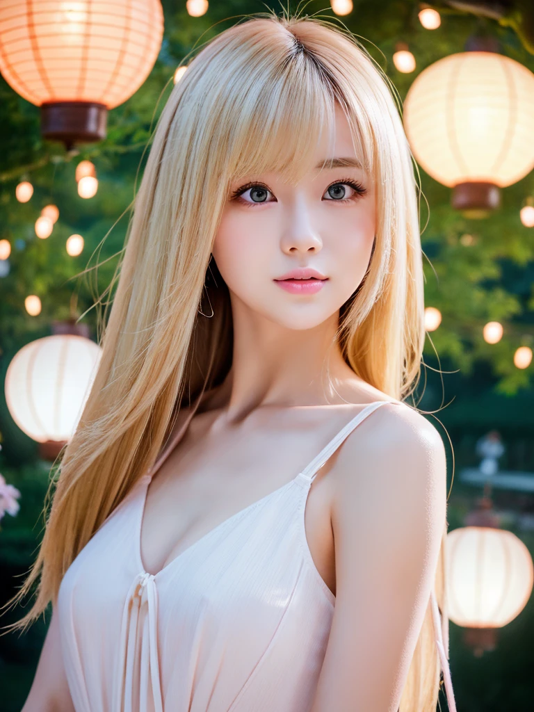 In manhwa art style, a young Korean woman 28s. Her hair is short at shoulder in a blonde pink colors. Her face is slightly shorter than it is long, which carry a warm , expressive face. Her skin is radiant and clear, and her curved lips. Large blue eyes are expressive and captivating. Her natural body and defined made up of proportional curves. She is wearing a white dress while the light of the lanterns in the botan garden at night illuminates the flowers
