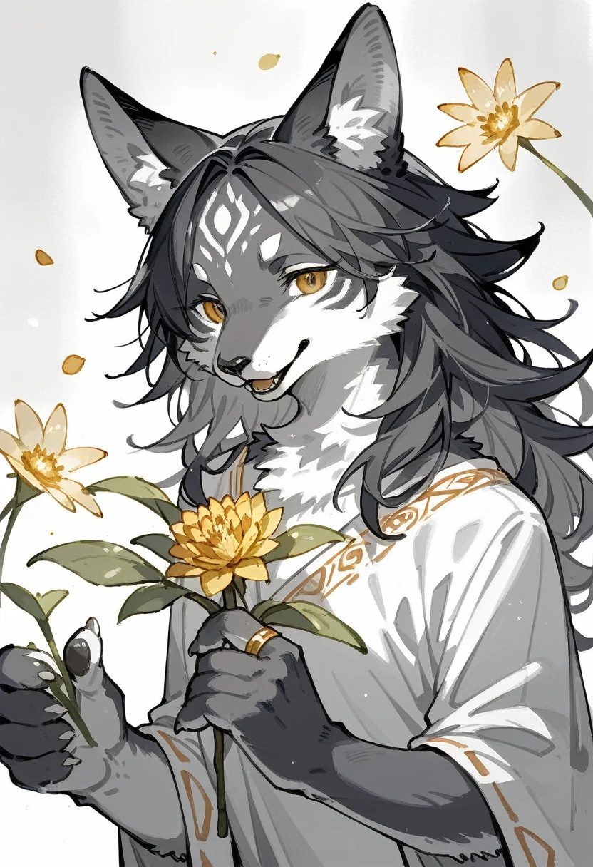 monochrome, watercolor, highres, top quality, best quality, paid reward available, High-quality illustrations, unparalleled masterpiece, perfect artwork, absurdres, 1girl, kemono, furry, detailed body fur, animal face, animal hand, Archaic Smile, holding a cluster of gold flower in both hands, which are positioned at chest level, She is wearing a simple ring on the ring finger of her left hand, unfocused spread of gold flower, fan-created work shared on platforms Pixiv or , Watercolor elements that seem to shift through time, Alphonse Mucha,