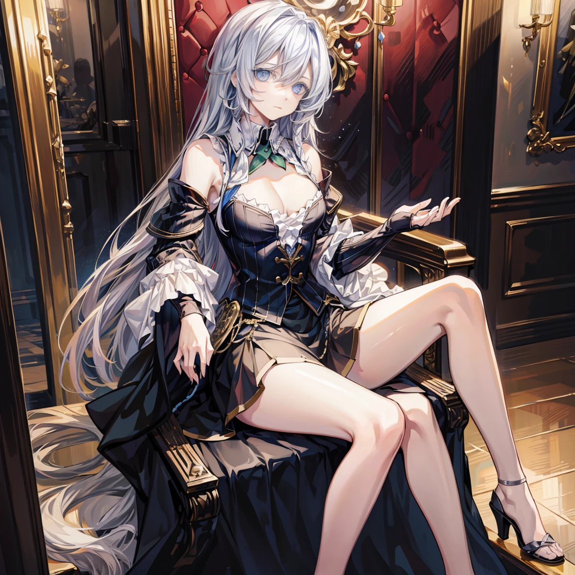 Official Art, European Masterpiece Women&#39;s Clothing&#39;clothing,, Light silver hair , Dark blue glasses、best quality、high resolution: 1.4),8K, Anime Art Nouveau, Highly detailed fan art, Anime fantasy illustration, clean Detailed anime art, Detailed anime art, one person&#39;Clear focus,, Practical, Very detailed, garden,((Beautifully, Cute little hands)),((Elegant Shiny Dress)),((Lots of decorations)),((Lots of ribbons)), The skirt is long, Sexy pose, Get some stuff， sleeveless, Delicate face, Exquisite eyes, Fresh blue eyes, Big green ribbon, Blue clothes, Small to medium breasts，Drawing of a girl with a cat riding on her back, thick Line Art, Clear anime silhouette, Line Drawing，Line Art，Starry Sky中的少女，moon，Girl smiling at the camera，Starry Sky，look up，pajamas，toy doll，星cloud，flash，sideways，Space and time，Flowing long hair，cloud，Horizontal insertion，look up，Holding stars in hands，The river keeps flowing，Colorful story，Vibrant Lighting，Complex design，Ribbon fluttering in the wind oil painting，Starry Sky飞翔，Supreme atmosphere，sidewayssit下，sit