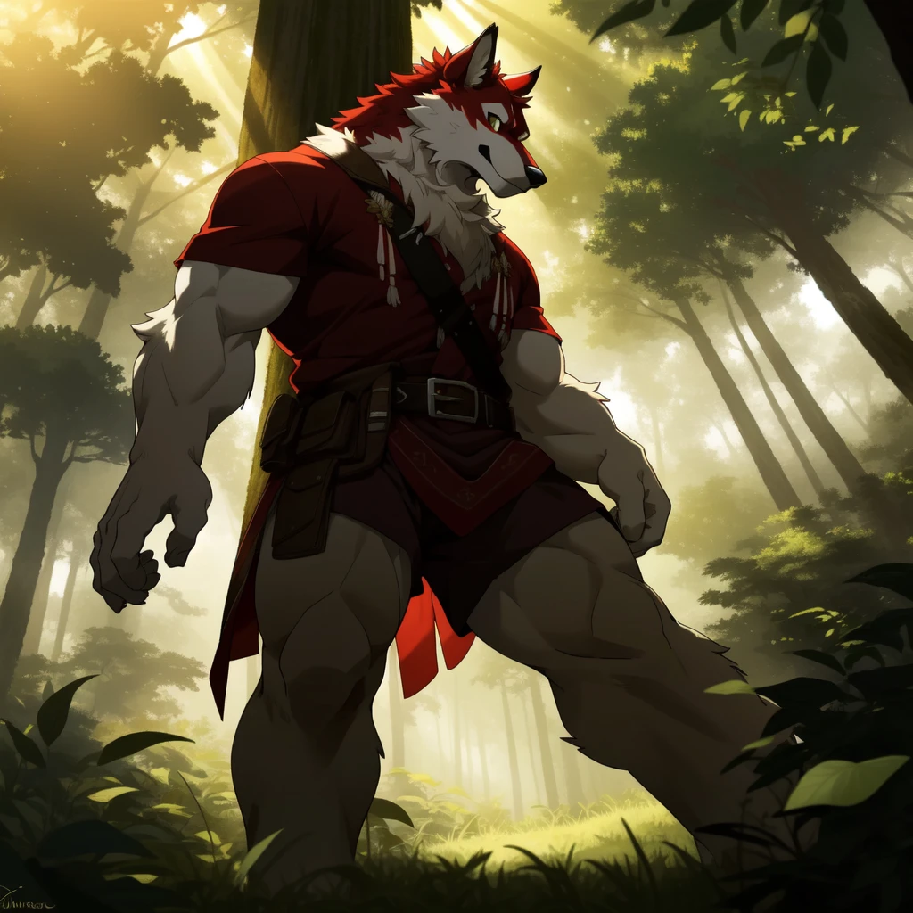 Deep in the lush forest, a magnificent furry wolf stands tall and proud. Its fur is a striking mix of red and white fur.., combining perfectly with the natural colors of the forest. The sunlight filtering through the canopy above creates a beautiful dappled effect on his fur.., highlighting the rich tones of red and white. The wolf is dressed in a sturdy hunter&#39;s shirt, enhancing your majestic appearance. The shirt is deep green in color, complementing his fur and camouflaging him well in the forest surroundings. The fabric is durable and wear-resistant, a testimony to the life of the wolf in the desert. Despite his wild appearance, There is a sense of intelligence and confidence in the wolf&#39;s penetrating gaze. Your proud smile reveals sharp teeth, hinting at his formidable strength and prowess as a hunter. With attentive ears and a keen sense of alert, he exudes a sense of calm authority in his forested domain.