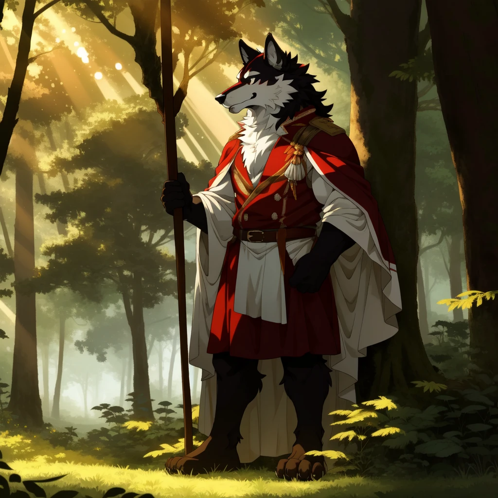 Deep in the lush forest, a magnificent furry wolf stands tall and proud. Its fur is a striking mix of red and white fur.., combining perfectly with the natural colors of the forest. The sunlight filtering through the canopy above creates a beautiful dappled effect on his fur.., highlighting the rich tones of red and white. The wolf is dressed in a sturdy hunter's shirt, enhancing your majestic appearance. The shirt is deep green in color, complementing his fur and camouflaging him well in the forest surroundings. The fabric is durable and wear-resistant, a testimony to the life of the wolf in the desert. Despite his wild appearance, There is a sense of intelligence and confidence in the wolf's penetrating gaze. Your proud smile reveals sharp teeth, hinting at his formidable strength and prowess as a hunter. With attentive ears and a keen sense of alert, he exudes a sense of calm authority in his forested domain.