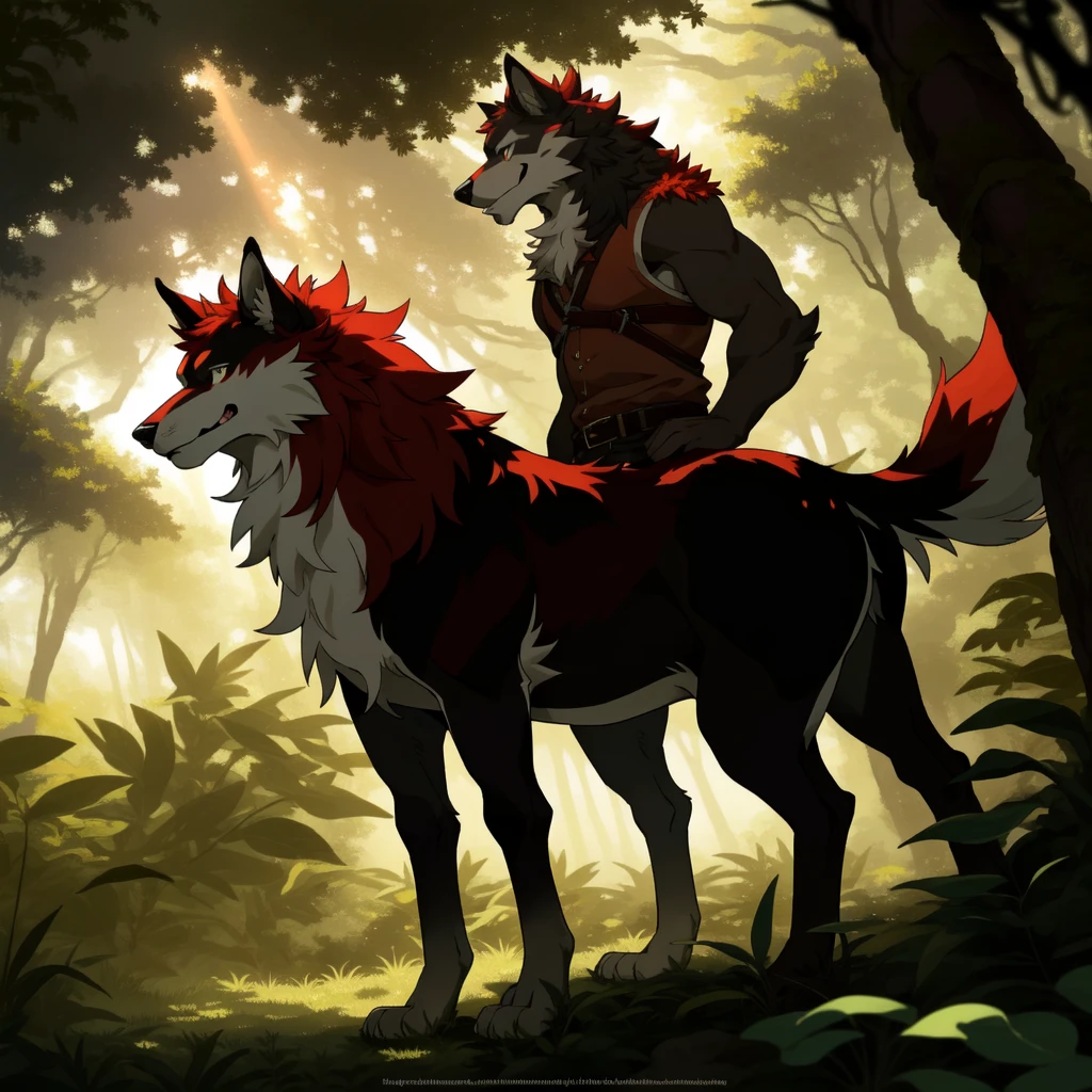 Deep in the lush forest, a magnificent furry wolf stands tall and proud. Its fur is a striking mix of red and white fur.., combining perfectly with the natural colors of the forest. The sunlight filtering through the canopy above creates a beautiful dappled effect on his fur.., highlighting the rich tones of red and white. The wolf is dressed in a sturdy hunter's shirt, enhancing your majestic appearance. The shirt is deep green in color, complementing his fur and camouflaging him well in the forest surroundings. The fabric is durable and wear-resistant, a testimony to the life of the wolf in the desert. Despite his wild appearance, There is a sense of intelligence and confidence in the wolf's penetrating gaze. Your proud smile reveals sharp teeth, hinting at his formidable strength and prowess as a hunter. With attentive ears and a keen sense of alert, he exudes a sense of calm authority in his forested domain.