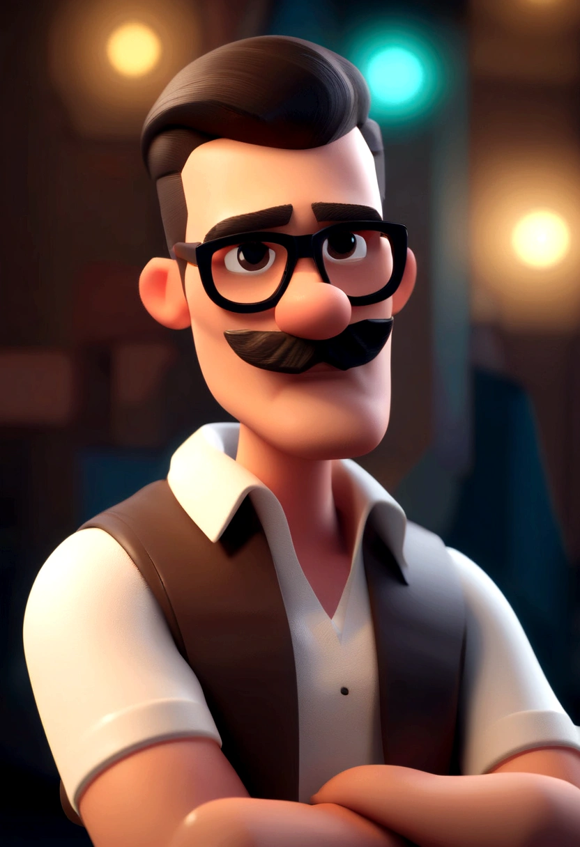 cartoon man with mustache and glasses in front of a lamppost, Stylized 3D rendering, stylized character, Stylized 3D rendering, 3d stylized, character up close, stylized as a 3D rendering, animation style rendering, complete cinematic character, animation character, 3d character, 3d character, small character. unreal motor 5