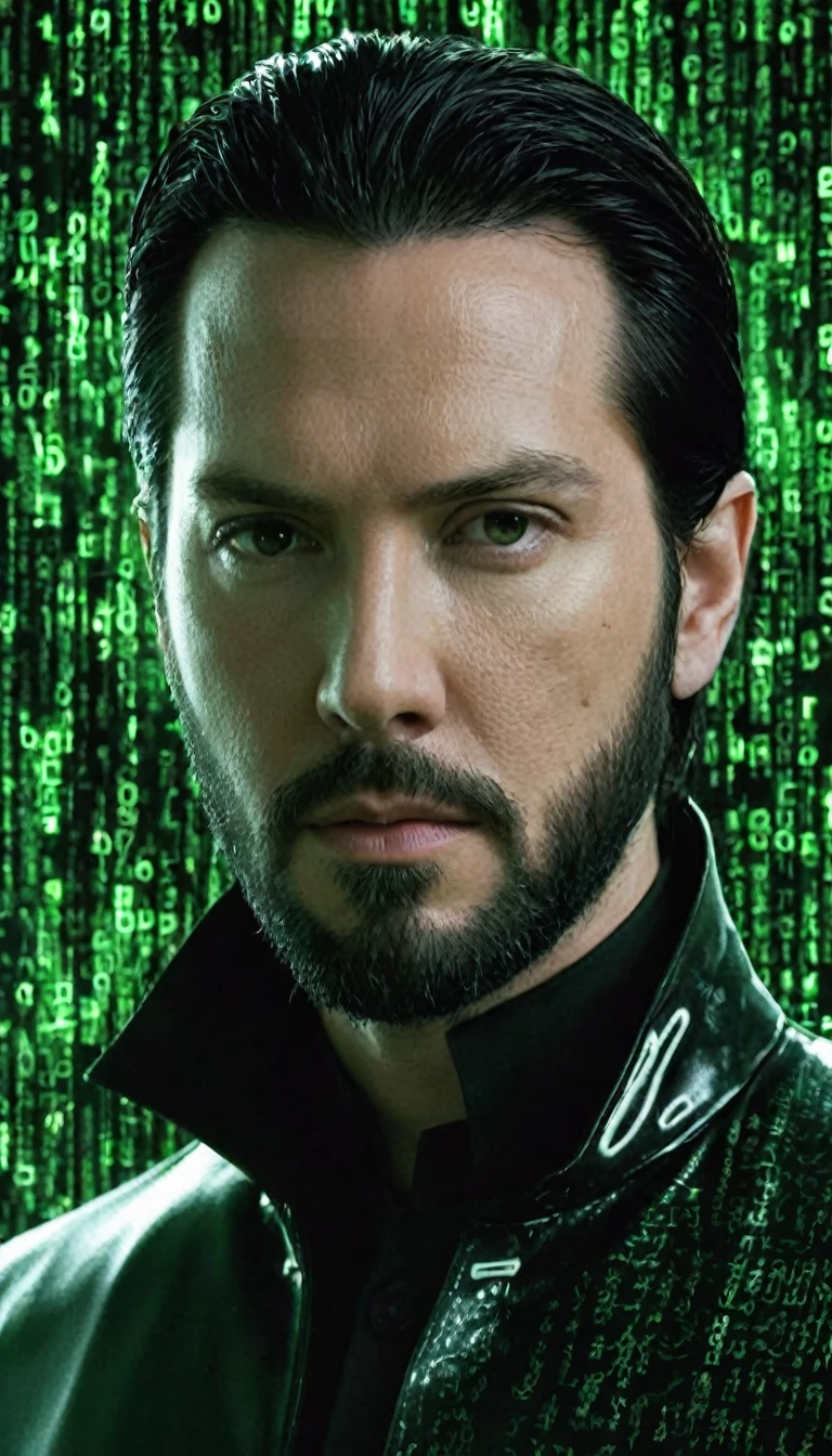 face portrait of "Neo's quest: Green matrix code flowing in the middle and background.", Neo is a white man with black hair and black beard, wearing a black latex coat, that works secretly with Morpheus and trinity. focusing on the face, magical and mysterious theme