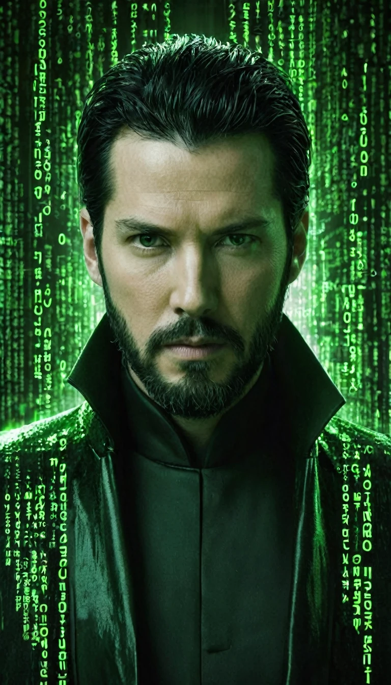 face portrait of "Neo's quest: Green matrix code flowing in the middle and background.", Neo is a white man with black hair and black beard, wearing a black latex coat, that works secretly with Morpheus and trinity. focusing on the face, magical and mysterious theme