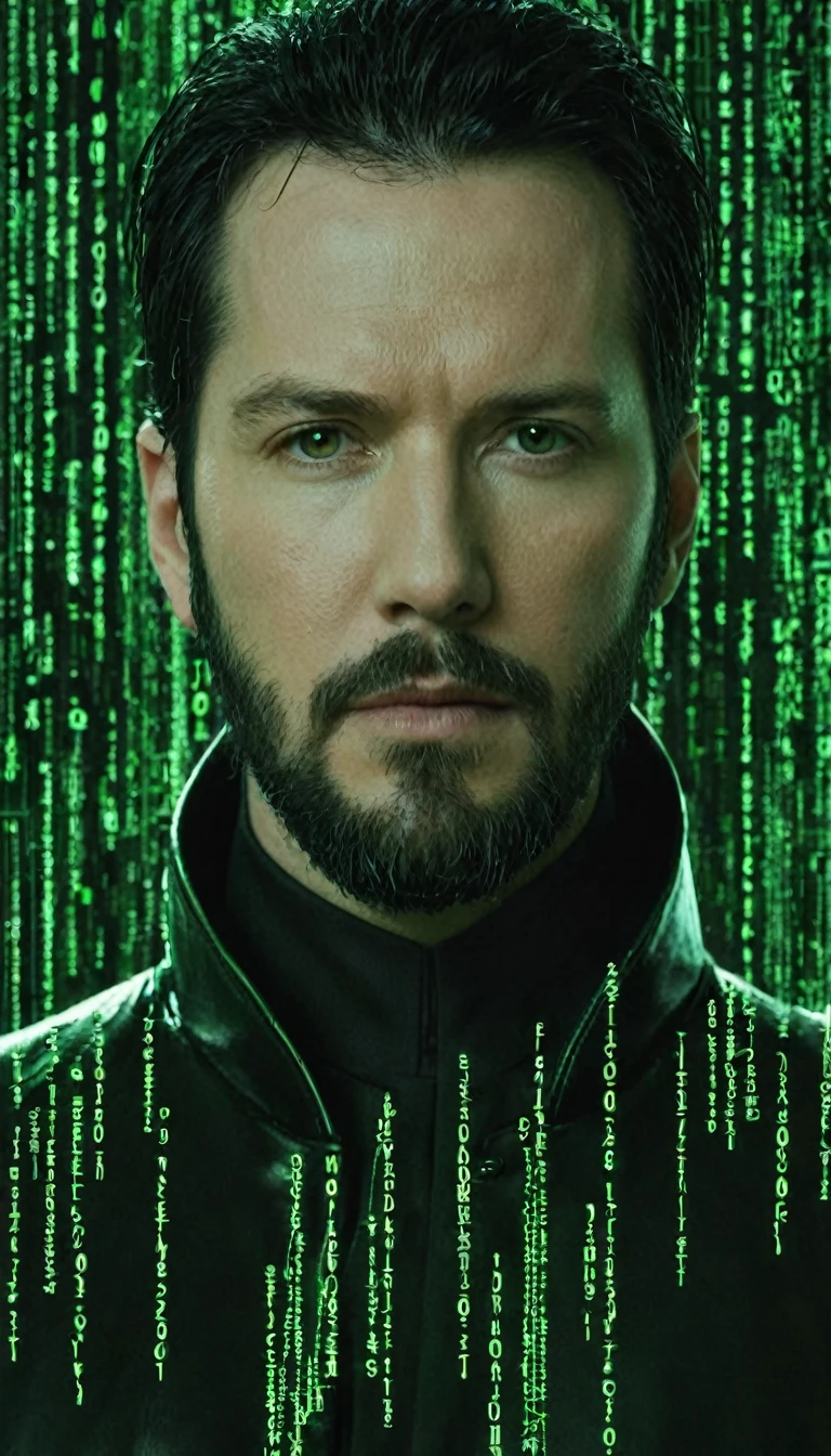 face portrait of "Neo's quest: Green matrix code flowing in the middle and background.", Neo is a white man with black hair and black beard, wearing a black latex coat, that works secretly with Morpheus and trinity. focusing on the face, magical and mysterious theme