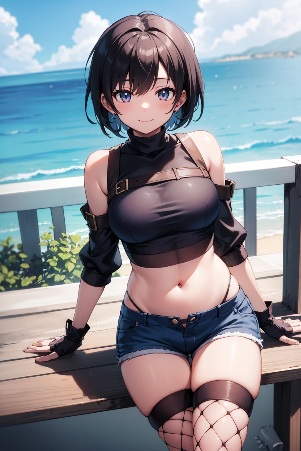 yuffiekisaragi, Yuffie Kisaragi,Haircuts, pixie cut,
壊す crop top, fingerless gloves, fishnet Thighhighs, fishnet, forehead protector, gloves, head band, belly button, short shorts, shorts, single sleeve, single thigh high, No sleeve, No sleeve turtleneck, Thighhighs, turtleneck,
bench、blue sky、smile, solo