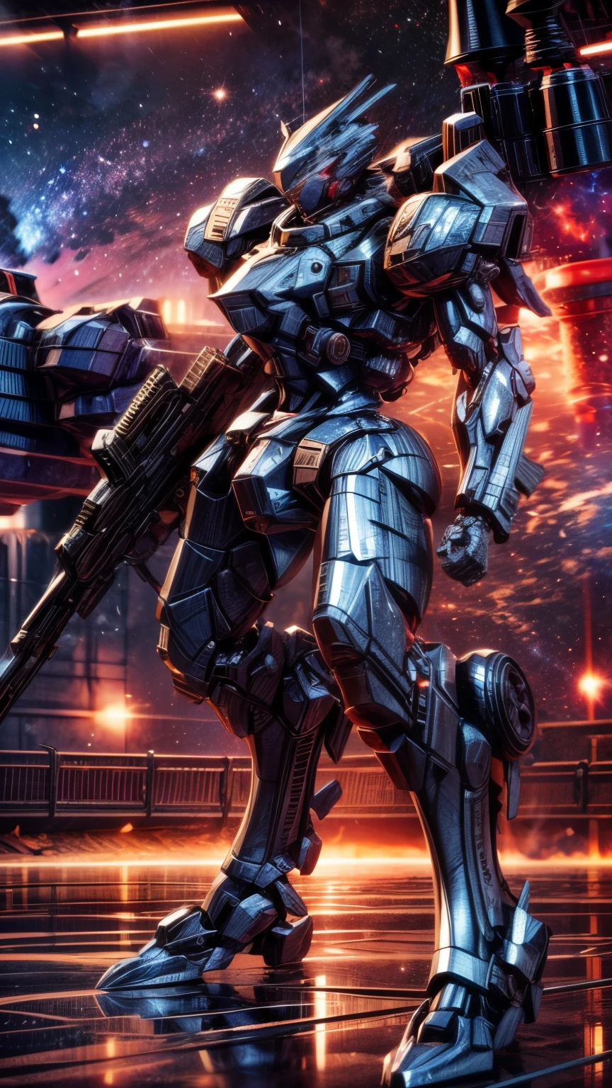 Extremely detaild, 8k, HDR, natural light, cinematic lighting, masterpiece--perfect, ultra HD, (Space  Battlefield:1.5), RAW photo, metallic, professional, ultra-fine painting, perfect body proportions, anatomically correct, uhd, real texture material, Anti-Aliasing, FKAA, TXAA, SSAO, Post Processing, Post Production, Tone Mapping, CGI, VFX, SFX, hyper maximalist, Volumetric, ultra photorealultra-detailed intricate details. Orange mech with white details, carried a double tower-shaped shield. Square body and octagonal connections brought a more sacred air, as well as its heavy and massive size to withstand heavy blows. (work of art, best qualityer:1.5)