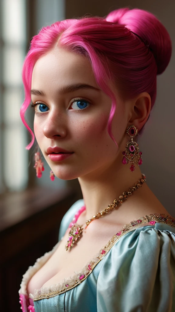 (realistic: 1.3), finely detailed, fine, Rembrandt lighting, (masterpiece: 1.2), (photorealistic: 1.2), (best quality), (detailed skin: 1.3), (intricate details), dramatic, ray tracing, beautiful Russian girl, 25 years old, hot pink hair, bun hairstyle, blue eyes, oval face, full lips, big breasts, wide hips, thin, very pale skin, moles, posing f or artists, in the studio, white walls, 8k uhd, dslr, soft-lighting, hiquality, film grains, Fujifilm, 50 mm,full body photography, earrings,necklace,lasziver blick