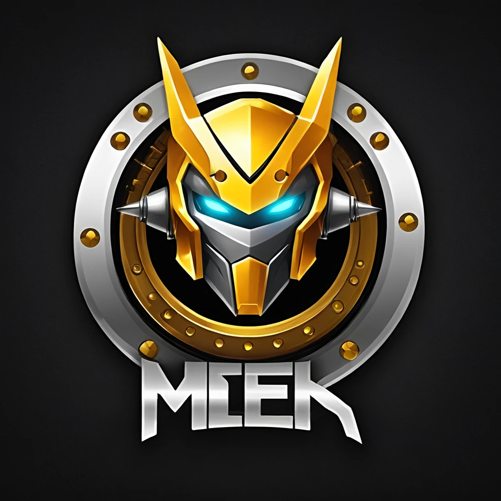 logomkrdsxl,an  edgy logo  3D with robô dourado e prata,  vector, text "MEK",  best quality, masterpiece, brand, dark background, 