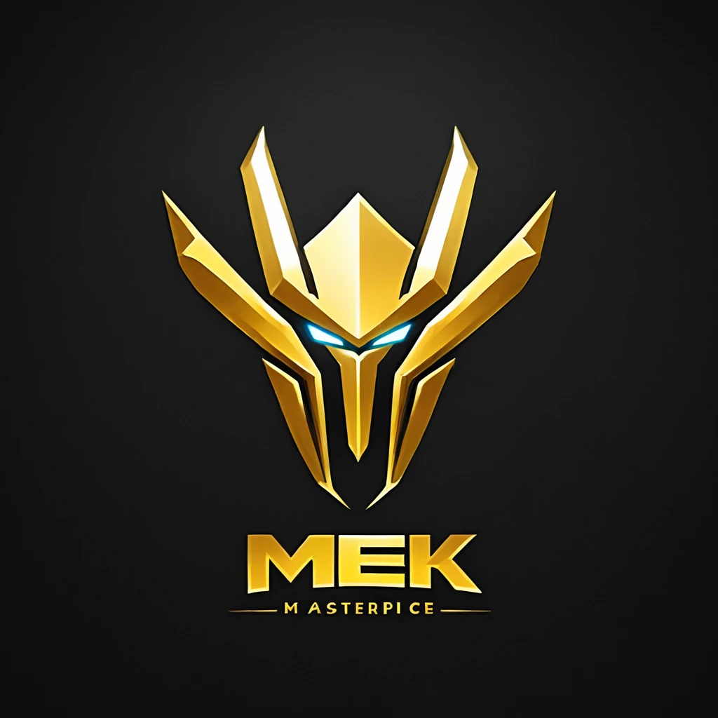 logomkrdsxl,an  edgy logo  3D with robô dourado e prata,  vector, text "MEK",  best quality, masterpiece, brand, dark background, 