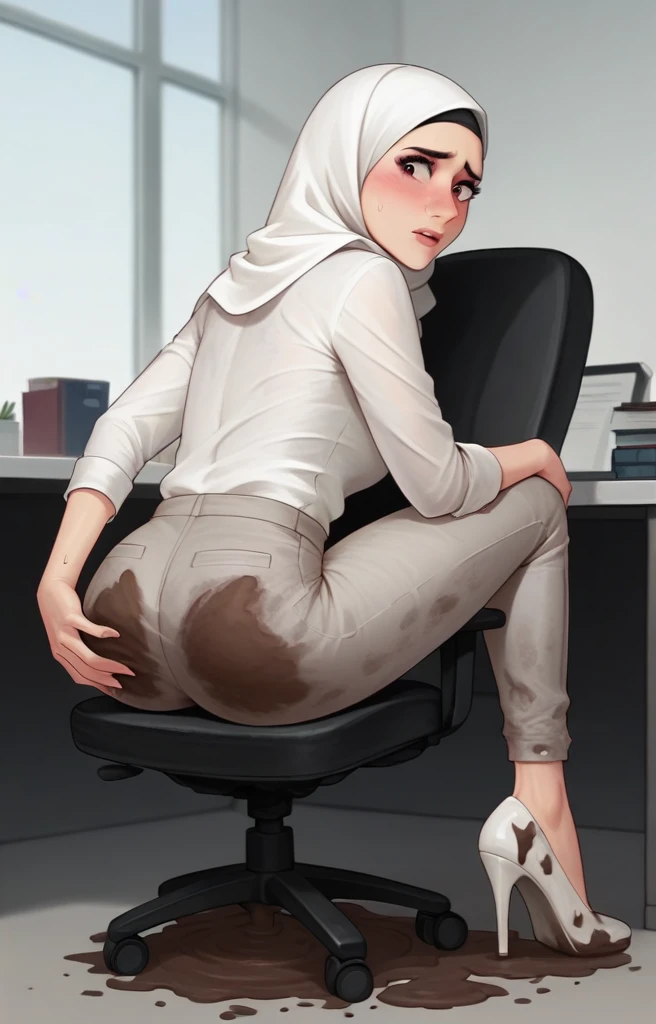 Ultra-realistic, 4k, 1girl, slim face, pretty face, cute eyes, skinny body, wearing white hijab, white chino pants, tight long sleeve classic buttoned shirt, white heels, nervous facial expressions, very sweaty, both hands on ass, in office, near the office chair, dirty office chair, dirty pants, dirty clothes, sweaty clothes, (((make the whole image filthy and dirty))), (((mud overflowing from pants))), stinky atmosphere, filthy atmosphere, mud on pants, disgusting office, too much mud on pants