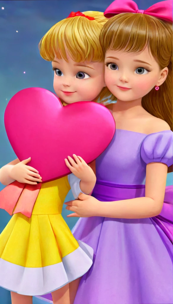 A touching cartoon image of two girls, Koral and Quin, hugging a large heart-shaped object their size. Koral, , has long brown hair, wears a beautiful purple and pink dress with a bow on her head. Quin, a three-yea baby, shor hair and wears a charming pink and yellow dress with a matching bow. The high-quality, high-resolution image is rendered in 8k cartoon style, with vibrant colors and charming details, capturing the essence of childhood innocence and friendship.