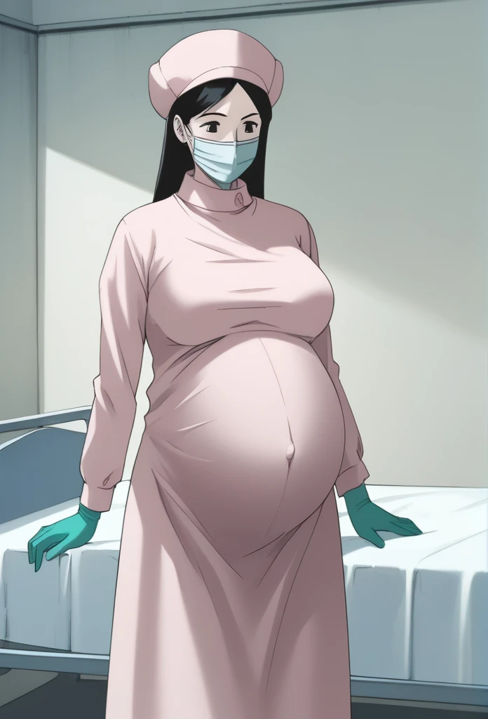 score_9, score_8_up, score_7_up, source_anime, raw image, masterpiece, highest quality, natural light, patient room background, kasuganoray, good shape, pale skin, worried eyes, big breasts, scrubs, surgical mask, surgical cap, long sleeve maternity dress, buttonless, seamless, navel head,
1girl, pregnant, solo, long rubber gloves, looking down, furrowed brow, hospital bed, standing