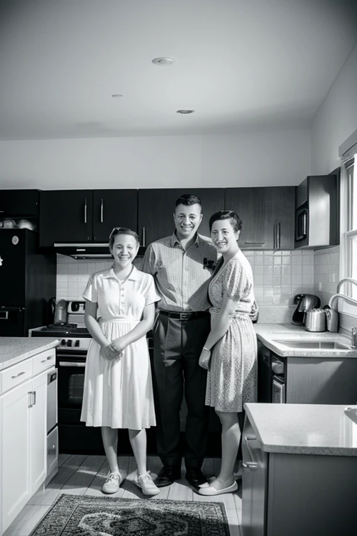 [Image of a happy and prosperous white American family in their suburban home, surrounded by modern appliances in the year 1950